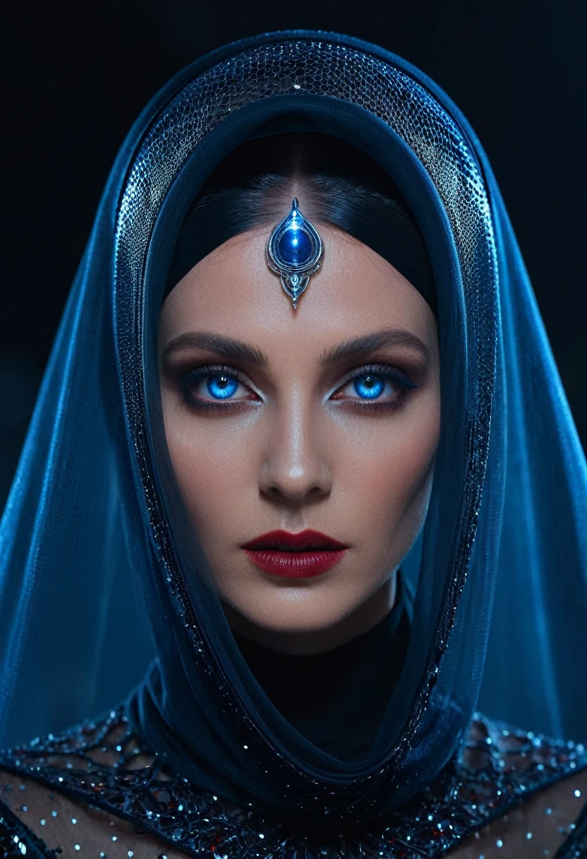 Fashionable portrait of androgynous alien looking witch wearing veil, glowing eyes, futuristic design, minimal details, givenchy, photoreal, 200mm, hd, f/ 2.0, highly detailed, surreal , drop dead, in the style of red and blue, (intricate details, hyperdetailed:1.15) (skin texture:1.2), cinematic, professional, 4k,