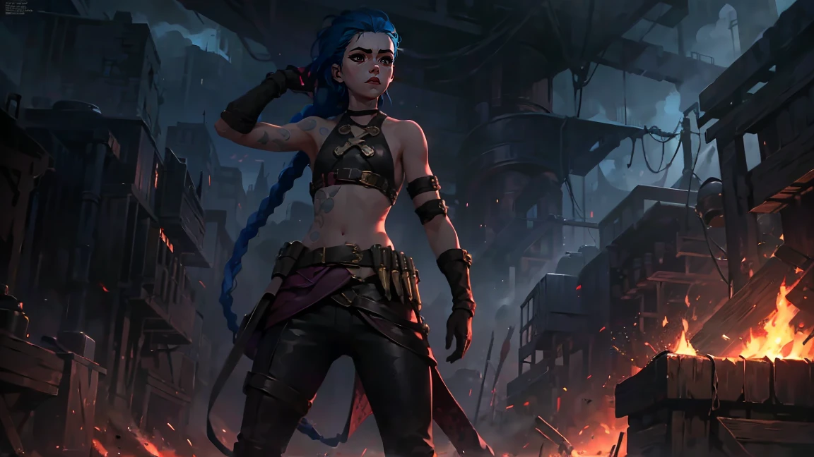 (masterpiece, Best quality), 1 girl, portrait, very sexy, crazy look, smile, crying, pink tears, tears on the cheeks, tears from eyes, full length (full body 1.1.), очень feminine, fighting stance, battle, fire, explosions, burning city, Beautiful waist, gloomy composition, flame, fire, Flash, very beautiful, feminine, long hair, hair braided in long braids, very sexy, tight leather pants, emphasis on the eyes, emphasis on the face, Beautiful face, Hands, Hair, Haired ponytail, red purple eyes, Джинкс crying, Blue cloud tattoo, (masterpiece, Best quality), Side lighting, beautiful detailed eyes, crazy face), (Best quality), (masterpiece), magic photography, Spectacular lighting, Photorealism, ultra detailed, интимная portraitная композиция, 1. 4,8 k UHD, aesthetic, Cd., A high resolution, 8 k, better lighting, Best shade, Ultra-HD, A high resolution, sharp focus, Complex background, Cinematic lighting, ((Landscape view)), 4K block, (better lighting), ((Cinematic lighting)),