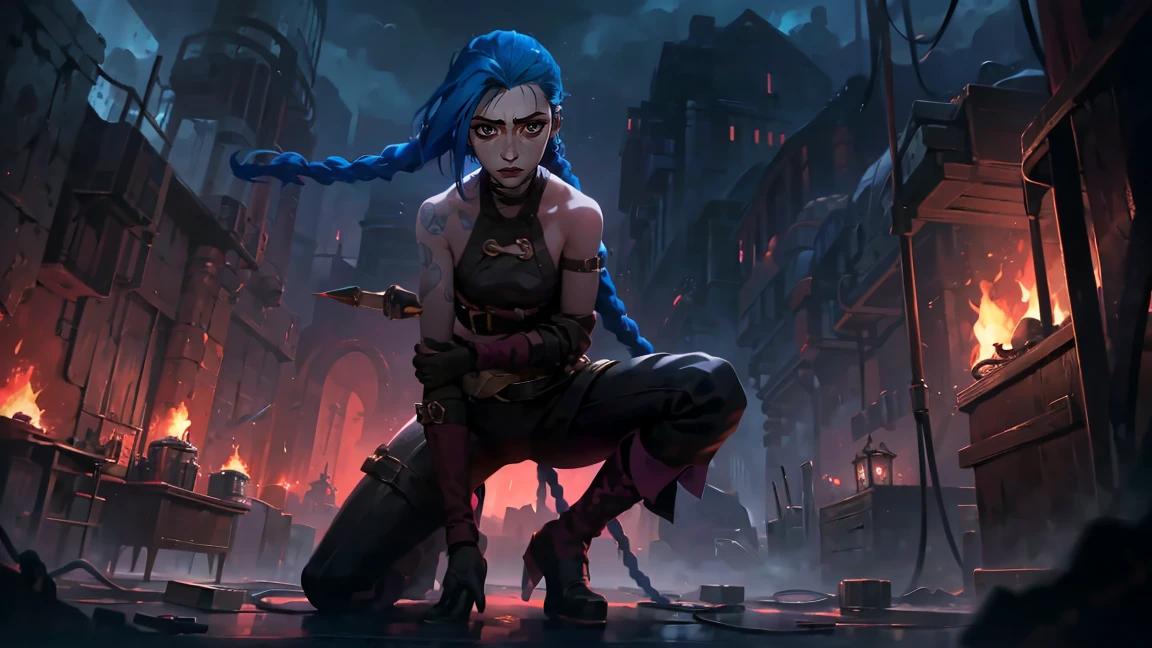 (masterpiece, Best quality), 1 girl, portrait, very ????, crazy look, smile, crying, pink tears, tears on the cheeks, tears from eyes, full length (full body 1.1.), очень feminine, fighting stance, battle, fire, explosions, burning city, Beautiful waist, gloomy composition, flame, fire, Flash, very beautiful, feminine, long hair, hair braided in long braids, very ????, tight leather pants, emphasis on the eyes, emphasis on the face, Beautiful face, Hands, Hair, Haired ponytail, red purple eyes, Джинкс crying, Blue cloud tattoo, (masterpiece, Best quality), Side lighting, beautiful detailed eyes, crazy face), (Best quality), (masterpiece), magic photography, Spectacular lighting, Photorealism, ultra detailed, интимная portraitная композиция, 1. 4,8 k UHD, aesthetic, Cd., A high resolution, 8 k, better lighting, Best shade, Ultra-HD, A high resolution, sharp focus, Complex background, Cinematic lighting, ((Landscape view)), 4K block, (better lighting), ((Cinematic lighting)),