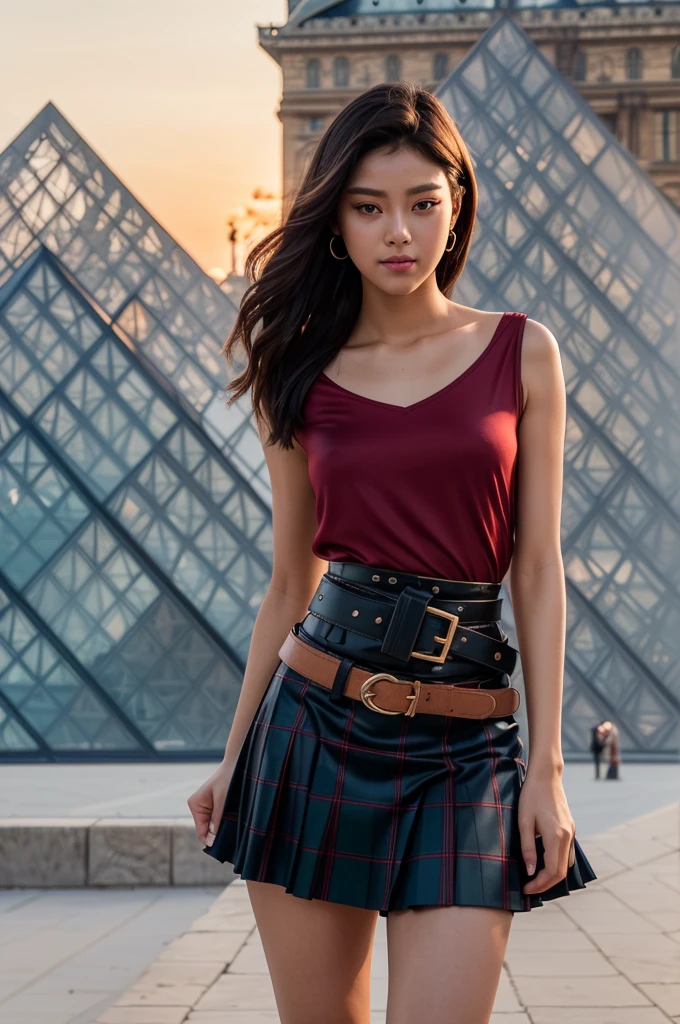 Foreground: a gorgeous Seolhyun (KPop star), beautiful flowing hair in the wind. she's a men magazine model, She has a subtle smile and flirts with the camera, (she wears a tight silk blouse with a tight tartan skirt with big belt:1.2), background walking in Paris, (Louvre pyramid at sunset lighting:1.3), perfect eyes, perfect hands, perfect body, perfect hair, perfect breasts, hair behind ear, UHD, retina, masterpiece, accurate, anatomically correct, textured skin, super detail, high details, high quality, award winning, best quality, highres, 16k, 8k.