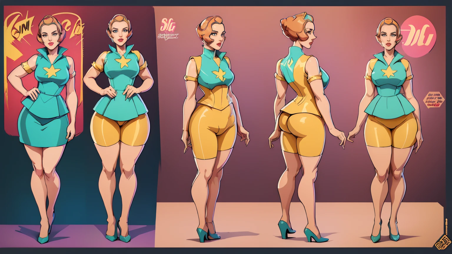  ((masterpiece,best quality)),((character design sheet)),((full body view)),Young girl, 40s fashion appearance, in style of digital illustration, pinup art, deviantart artstation cgscosiety, stunning digital illustration, soda themed girl, beautiful retro art, jen bartel, matte digital illustration, glossy digital painting, ((curvy body)),