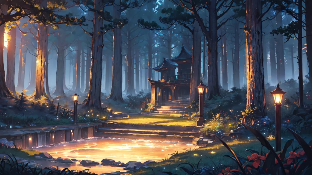 （masterpiece、Highest quality）(night:1.5)、Deep and lush ancient forest、Mysterious Forest、(静かなnightの森のlandscape:1.3)、Quiet Stream、（An illustration:1.2）、(High-resolution details:1.2)、（8K wallpapers incorporating high definition CG）、mysterious、Healing、landscape、