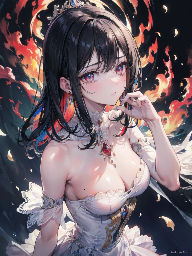 absurdres, RAW photo, extremely delicate and beautiful, masterpiece, Best Quality, ultra high resolution, 32k, hyperrealistic, ultra-detailed, delicate facial features, beautiful detailed woman, tearful mole, earring, medium breasts, full body shot, medium hair, black hair, fire witch, blood, light particles, light rays, high contrast, colorful,