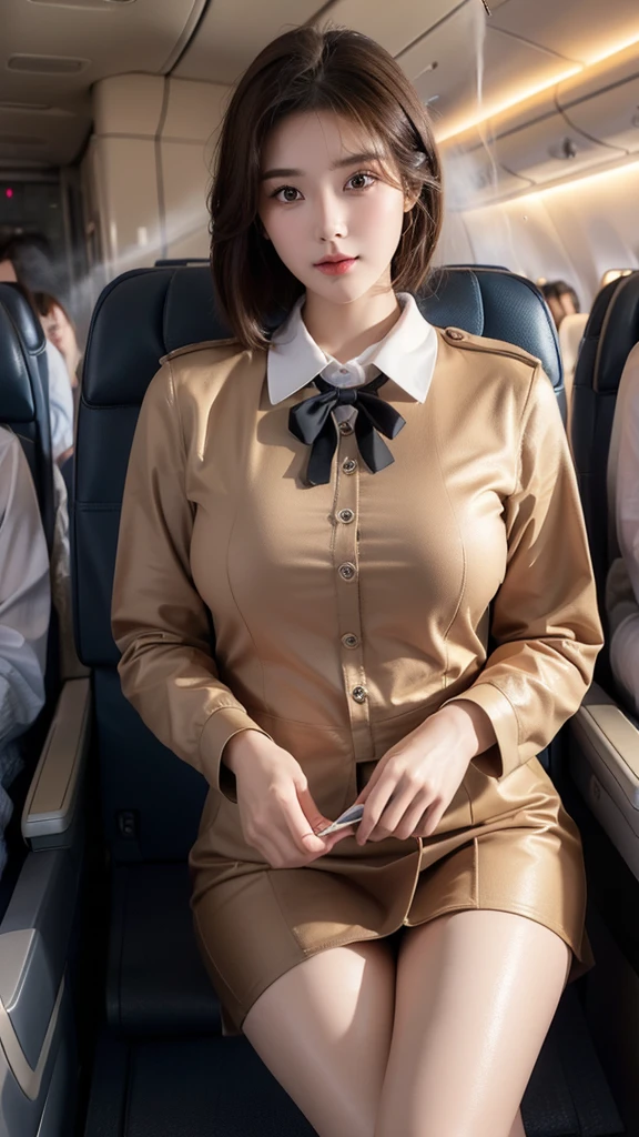 1 woman, 20 years old、overly detailed face、detailed lips、eye for detail、double eyelid、with a round face、(brown bob hair、Like an airplane stewardess々do a good job)、(stewardess uniform:1.2)、(glamorous body)、(huge breasts)、(Humidification:1.3), laugh、thighs thighs thighs thighs, perfect fit, Perfect image realism, background: (Business class aisle on airplanes:1.2), cowboy shot, 세심한 background, detailed costumes, perfect reading、surrealism、(realistic:1.4)、8K maximum resolution, (masterpiece), very detailed, professional
