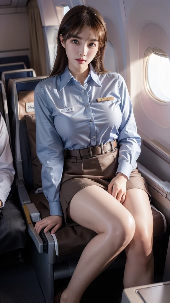 1 woman, 20 years old、overly detailed face、detailed lips、eye for detail、double eyelid、with a round face、(brown bob hair、Like an airplane stewardess々do a good job)、(stewardess uniform:1.2)、(glamorous body)、(huge breasts)、(Humidification:1.3), laugh、thighs thighs thighs thighs, perfect fit, Perfect image realism, background: (Business class aisle on airplanes:1.2), cowboy shot, 세심한 background, detailed costumes, perfect reading、surrealism、(realistic:1.4)、8K maximum resolution, (masterpiece), very detailed, professional