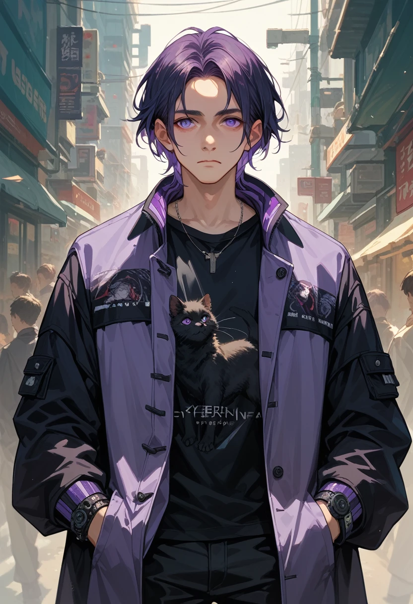 23 year old young man, smooth coat, medium hair, black fur, purple eyes, good features, modern black jacket with purple details, black t-shirt, black pants with purple details, cyberpunk details,