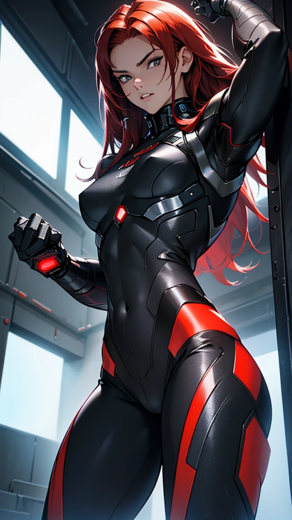 Beautiful 18yr old cybernetic girl detailed muscles realistic masterpieces full figure pose (best quality,ultra-detailed), unique red hair, fair skin, fit body, slim figure, narrow waist, (cocky expression), black carbon fiber cybernetic mobile combat suit, dynamic pose