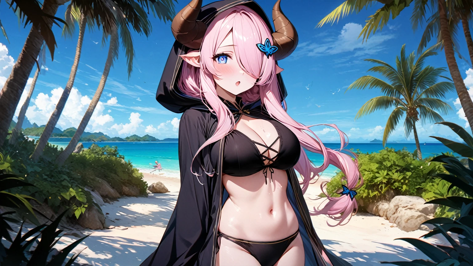 Vibrant, high-definition anime-style illustration set on a tropical beach. The layout features a central female character, Narmaya, with long pink hair, partially covered by a hooded cloak adorned with brown horns. She has fair skin, large expressive blue eyes and pink pupils, and a small blue erfly hair clip. One eye is covered by her hair. The character is wearing a revealing black bikini with gold accents, and her hands are holding the edges of her cloak. The background showcases a pristine beach with white sand, lush green foliage, and tall palm trees. The clear blue sky and turquoise ocean complete the idyllic setting, with distant islands visible on the horizon. Narmaya and her attire are meticulously detailed. The intense effort put into shading brings this image to a realistic style. Gorgeous vibrant colors draw the eye. Narmaya's suggestive stance brings the viewers focus to her large and perfectly shaped breamasterpiece), best quality, expressive eyes, perfect face, suggestive pose, purple and pink background, seductive, fantasy, 8k, absurdres, narmaya, pink hair, blue eye with pink pupil, hair over eye, draph, horns, butterfly hclip, black bikini, hood, defined hands, perfect hands, perfect fingers,
