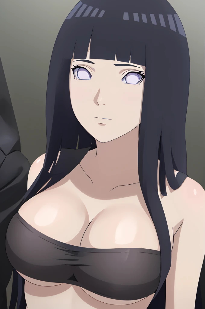 masterpiece, (intricate details), (colorful),cinematic lighting,extremely detailed CG unity 8k wallpaper ,hinata\(boruto\), 1girl,solo, large breasts, (hinata, hyuuga hinata, purple eyes, blunt bangs, black hair) big breasts, perfect breasts, large breasts, round breasts, huge breasts, black bra, bikini top, cleavage, bare shoulders, collarbone, underboob, close shot, portrait, upper body shot, headshot, white backdrop, perfect eyes, glowing eyes, beautiful eyes, black background, simple background, no background ,