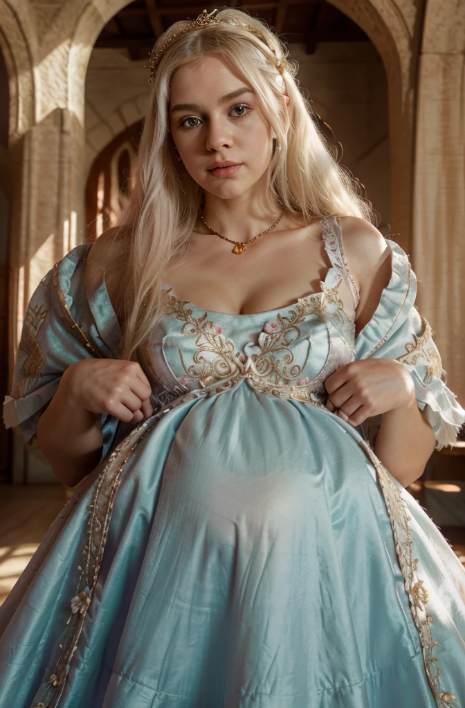 White Blonde hair, fluffy hair, stylish hair, long hair, lilac eyes, perfect eyes, beautiful, perfect face, tween, , short, kind, curvy, a flowing pale airy gown with ruffles along the bottom with tiny pink flowers and gold dragon embroideries with flowers, Her tiara had a pretty teal gemstones, silver necklace, noble class, royal, royalty, red castle, feasting hall, medieval, elegant surroundings, soft dewy makeup look, light peach blush, soft tan eyeshadow, light coral lipstick, cutesy, girlish, girly, guileless, ingénue, princess , whimsical lighting, Targaryen, dragons in the sky, photorealistic, pregnant, baby bump,