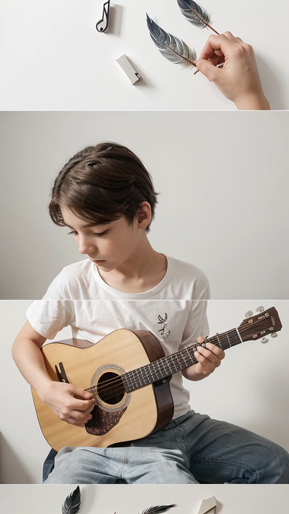 A minimal, modern, simple, cinematic logotype for the brand “Penamemoria". The logotype must be a simple, magical feather and a boy playing acoustic guitar. The logo must convey a sense of music, stories and dreams. Logo design impressed on a book cover. Minimalistic logo