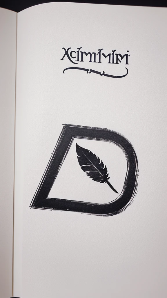 A minimal, modern, simple, cinematic logotype for the brand “Penamemoria". The logotype must be a simple, magical feather and a boy playing acoustic guitar. The logo must convey a sense of music, stories and dreams. Logo design impressed on a book cover. Minimalistic logo