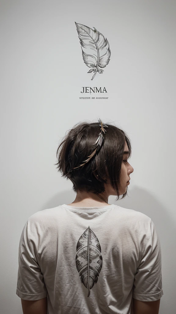 A minimal, modern, simple, cinematic logotype for the brand “Penamemoria". The logotype must be a simple, magical feather and a boy playing acoustic guitar. The logo must convey a sense of music, stories and dreams. Logo design impressed on a book cover. Minimalistic logo