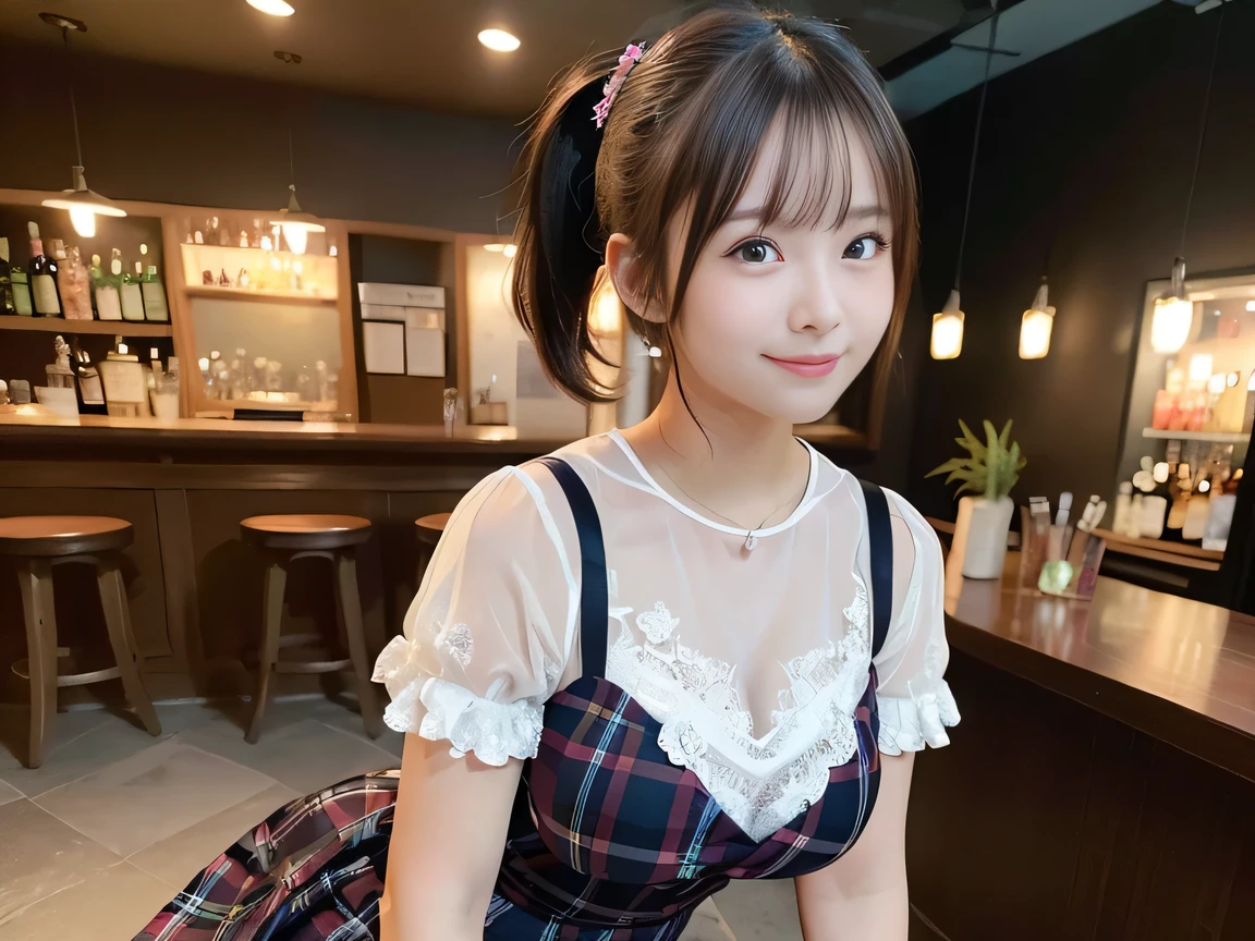 (Highest quality, masterpiece, Ultra-high resolution, 8K, RAW Photos, Realistic, Anatomically correct:1.5), 20-year-old girl:1.2, Embarrassing, avert your eyes, blush:1.0, View Viewer, ((bar)) 、Night view、 Light:1.2, Bokeh, Cinema Lighting:1.0, Depth of written boundary, sharp、 Cute face、Idol、White short sleeve lace top、Black pleated skirt、Purple clothes、”dwarf”、(Floral clothes)、(Full Body Shot)、Side angle、Cowboy Shot、 smile、(Ultra short hair、Short ponytail)、(Straight bangs)、((See-through))、(( One Girl))、Large Breasts、Waist、I can see your thighs、