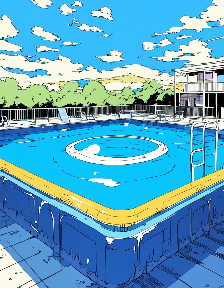 extremely clear 8K wallpaper, pop art, extremely beautiful scenery:1.3, absurdres, masterpiece, pixiv contest winner, by Posuka Demizu, Dynamic Japanese-anime style illustrations of A UFO is dipping diagonally into an outdoor school pool.,
