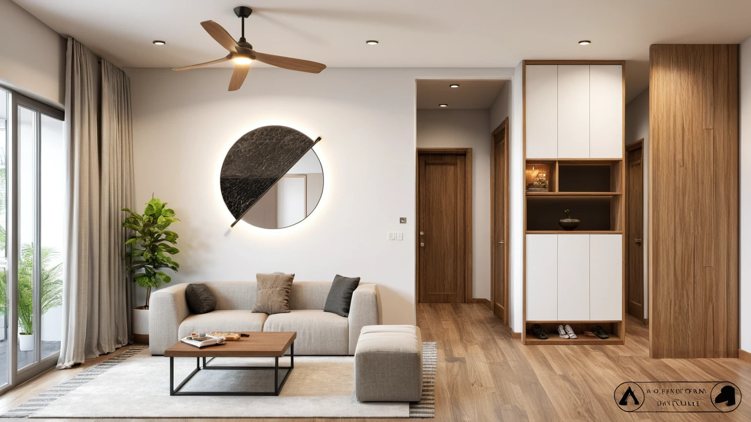 Interior Design, (modern interior space), (modern furniture design), (space that realistically describes the modern interior of a townhouse), (soft warm led light), (circle spotlight), (indoor), (neutral white tone color), (white wall), (An Cuong Wooden Furniture minimalist Style), (An Cuong wood with MDF surface glued with melamine coating), (architectural design visualization), (reflection), (focus on object), (material normal bump real reflection), (multi-level reflection), (chao vantage software visualization render),(((Best Quality))), ((Masterpiece)), ((best illustration)), ((best shadows)), (( Super Detail)), (Intricate lines), (Photorealism),(hyper detail), ((archdaily)), ((award winning design)), (dynamic light), ((spotlight)), (perfect light), ( shimering light), ((photorealistic)), ((intricate detail)), ((extreme detail)), ((crazy detail)), ((octane render)), ((trending on artstation)), ((High- fidelity)), ((Viwvid)), ((Crisp)), ((Bright)), ((Stunning)), ((Eye-catching)), ((High-quality)),((Sharp)), ((day sun environment)), ((Illuminating)), ((Flawless)), ((High-quality)),((Sharp edge render)), ((medium soft lighting)), ((photographic render)) , ((detailed archviz)), ((reality environment))