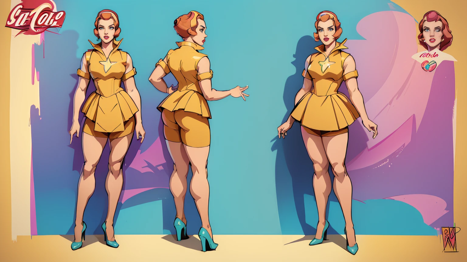  ((masterpiece,best quality)),((character design sheet)),((full body view)),Young girl, 40s fashion appearance, in style of digital illustration, pinup art, deviantart artstation cgscosiety, stunning digital illustration, soda themed girl, beautiful retro art, jen bartel, matte digital illustration, glossy digital painting,