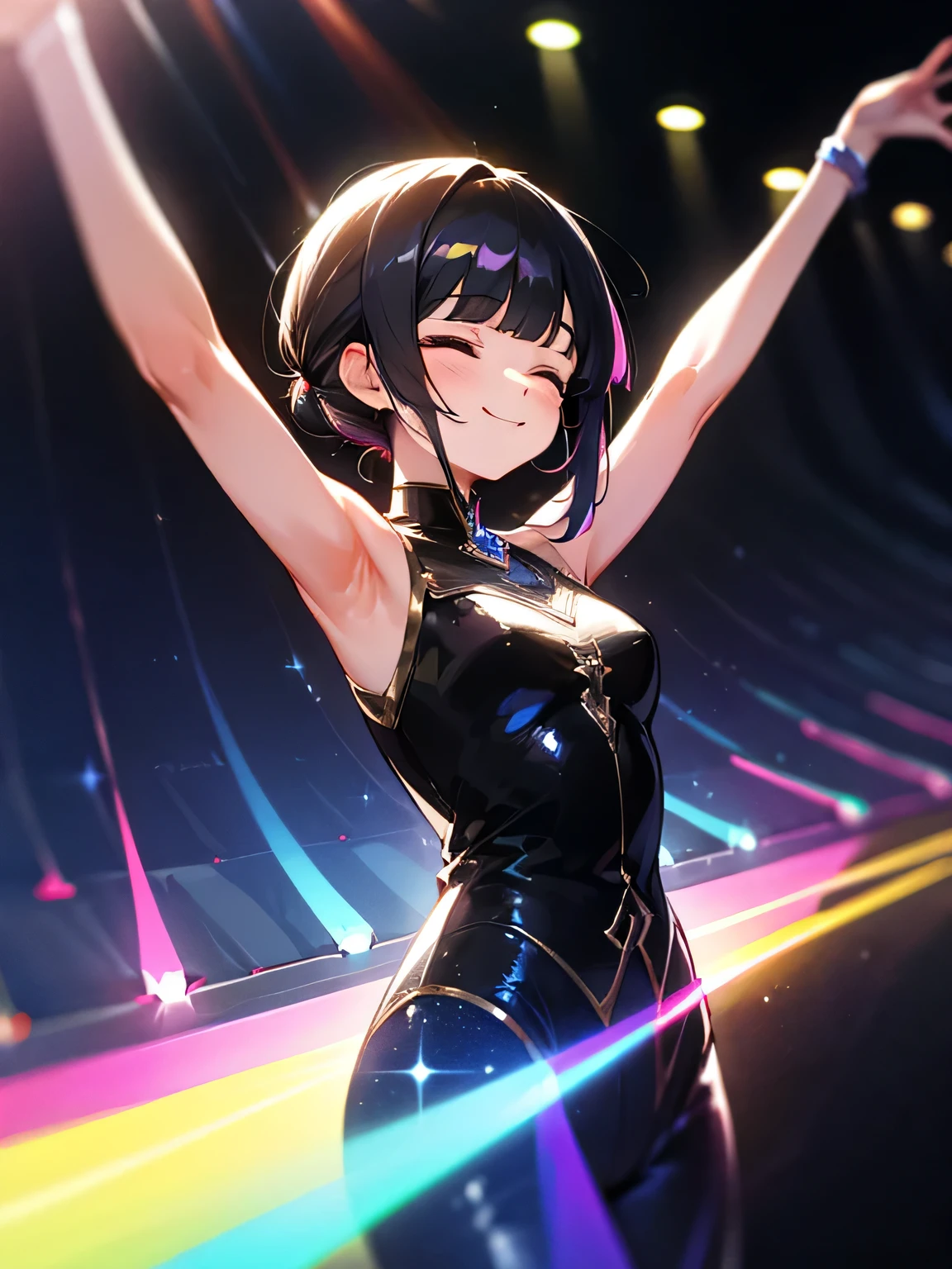 solo,upperbody,shiny black chignon,blunt bangs,midnight starry desgin hip hang,dance hall,hologram light,special stage,many color light,shiny, closed eyes smile mouth open,