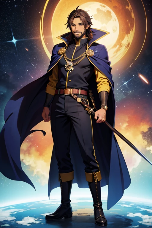 Anime Art、Full body portrait、Space SF Pirates、Tavern、A dark-skinned man, around 35 years old, standing upright, around 180cm tall, wearing a yellow pirate uniform and black trousers、A strong smile、Shoulder-length hairstyle、Brown Hair、Dark Eyes、boots、Blue Cape、Short beard