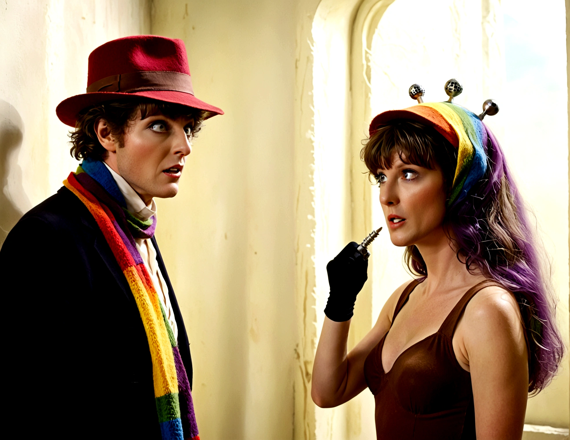 Tom Baker Doctor Who 1980 (classic rainbow scarf and felt hat), is arguing with a dalek, his companion (a swift woman, alien sexy leotard) damsel in distress shackled to the wall
