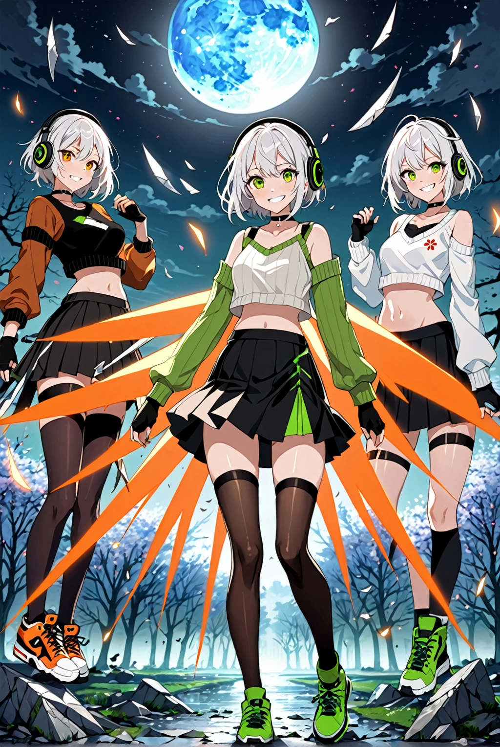 masterpiece,perfect_quality,perfect_anatomy,best_quality,good_anatomy,blade,wepon,(tooth,Impish Smile:1,2), 1girl, transformation, 1girl, transform_broken, shining, (panorame,sakura,night,full moon, ),transform_broken,1girl,transformation,1girl,transform_broken,shining,transform_broken,Anby, black headphones, short hair, white hair, orange eyes, black skirt, black thigh high stockings, black and green sweater, black and green detached sleeves, white crop top under sweater, black fingerless gloves, black and green shoes, black choker ,light_concept,