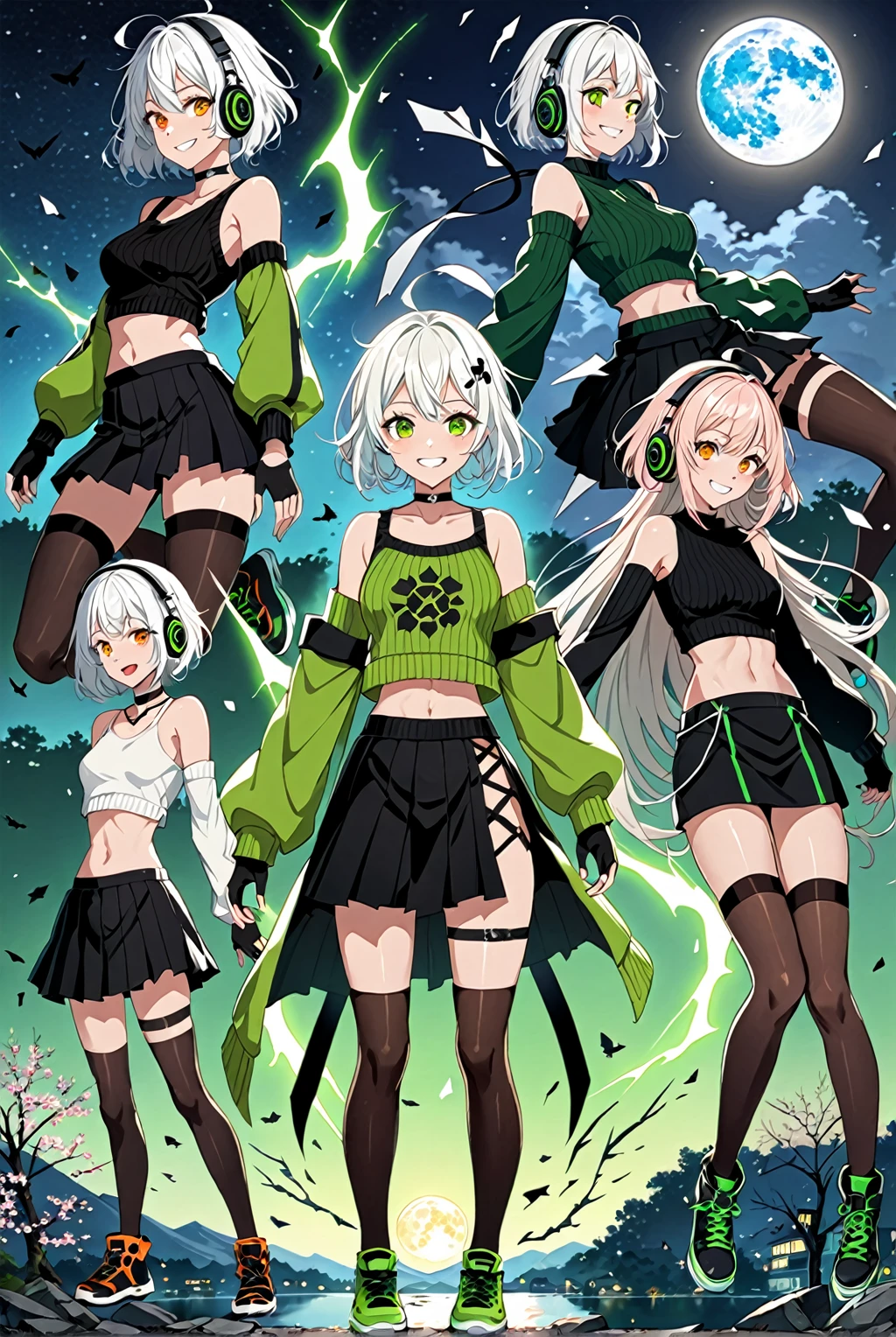 masterpiece,perfect_quality,perfect_anatomy,best_quality,good_anatomy,blade,wepon,(tooth,Impish Smile:1,2), 1girl, transformation, 1girl, transform_broken, shining, (panorame,sakura,night,full moon, ),transform_broken,1girl,transformation,1girl,transform_broken,shining,transform_broken,Anby, black headphones, short hair, white hair, orange eyes, black skirt, black thigh high stockings, black and green sweater, black and green detached sleeves, white crop top under sweater, black fingerless gloves, black and green shoes, black choker ,light_concept,