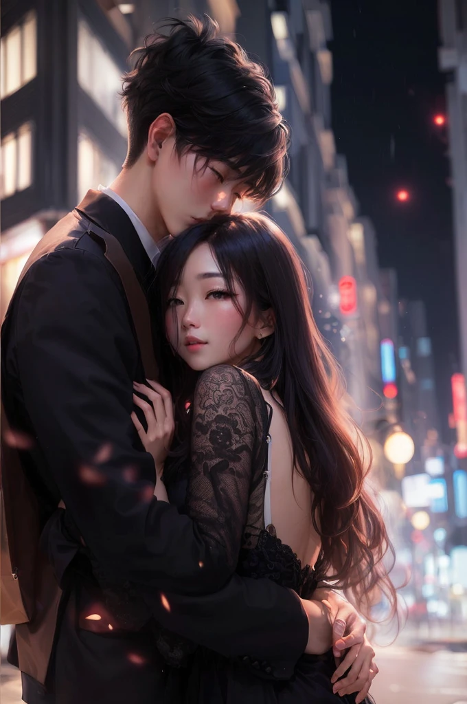 Couple hugging in the middle of the city at night, lovely couple, by Jay Yang, nee tian(It's Tian), Trends in Artstration, couple pose, artwork in the style of Guweizu, romantic couple, High quality fan art, Writer: Kun Can, 8K)), by Yesin, love concept art, Accurate depiction, Reporter Li Song, Guweizu