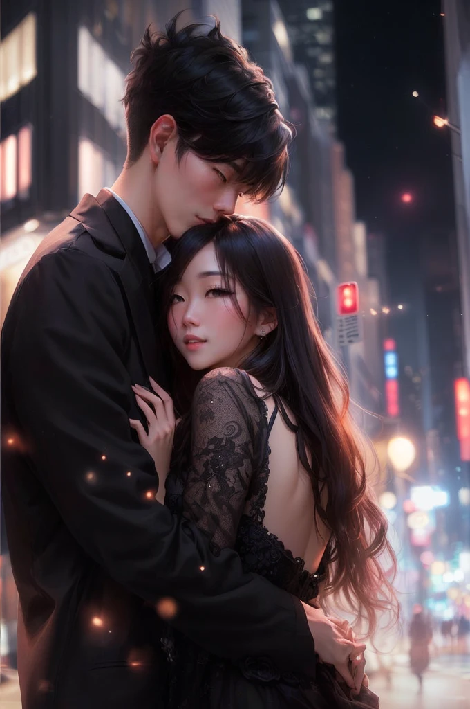 Couple hugging in the middle of the city at night, lovely couple, by Jay Yang, nee tian(It's Tian), Trends in Artstration, couple pose, artwork in the style of Guweizu, romantic couple, High quality fan art, Writer: Kun Can, 8K)), by Yesin, love concept art, Accurate depiction, Reporter Li Song, Guweizu