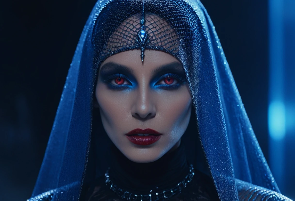 Fashionable portrait of androgynous alien looking witch wearing veil, glowing eyes, futuristic design, minimal details, givenchy, photoreal, 200mm, hd, f/ 2.0, highly detailed, surreal , drop dead, in the style of red and blue, (intricate details, hyperdetailed:1.15) (skin texture:1.2), cinematic, professional, 4k, dynamic model pose,