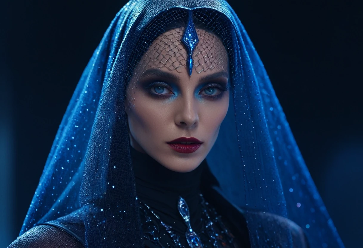 Fashionable portrait of androgynous alien looking witch wearing veil, glowing eyes, futuristic design, minimal details, givenchy, photoreal, 200mm, hd, f/ 2.0, highly detailed, surreal , drop dead, in the style of red and blue, (intricate details, hyperdetailed:1.15) (skin texture:1.2), cinematic, professional, 4k, dynamic model pose,
