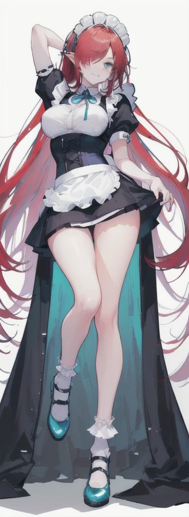 (long beautiful red hair) cyan eyes, (Eyes behind long bangs) big breasts, using accessories (using socks) perfect shiny beautiful cyan shoes (Wearing luxurious palace maid clothes Perfect perfect noble)  Pose facing sideways (Girl1, straight hair not too long, bangs covering one eye, soft face, gentle smile) ((Standing position with long legs, bare thighs, image position visible from bottom of feet to top of head) long red hair, beautiful cyan eyes (Free pose, right hand down, left hand down, ((Free pose))smile kawai, (blank white background) Wearing a blue corset, (Using a beautiful bright blue ribbon) Kawai shy cute eyes (cyan colored shoes must be shiny, Must wear short white socks) ((short skirt)) short sleeves (image according to tag) Straight hair ((Maid skirts should be very short (sexy)