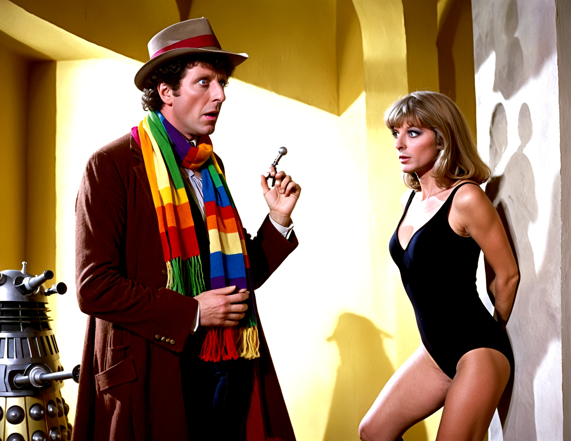 Tom Baker Doctor Who 1980 (classic rainbow scarf and felt hat), is arguing with a dalek, his companion (a swift woman, alien sexy leotard) damsel in distress shackled to the wall
