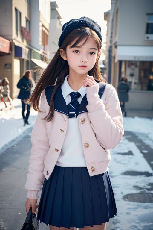 one girl, (a beauty girl, delicate girl:1.3), (************:1.3), break, (Winter clothes, Cute Uniform:1.3), break, (Street view:1.3), (that&#39;that&#39;that&#39;it&#39;s snowing:1.3), (wool gloves), perfectly trimmed fingers, break, extremely fine-grained clarthaty, (Symmetrical eyes:1.3), break, Small breasts, Brown eyes, Parted bangs, Brown Hair, girl, break, (Eye and facial details:1.0), (Get closer to the face, Make your face bigger, Face Focus:1.0), break, (masterpiece, highest qualthaty, Very detailed, Detailed face, 8K)