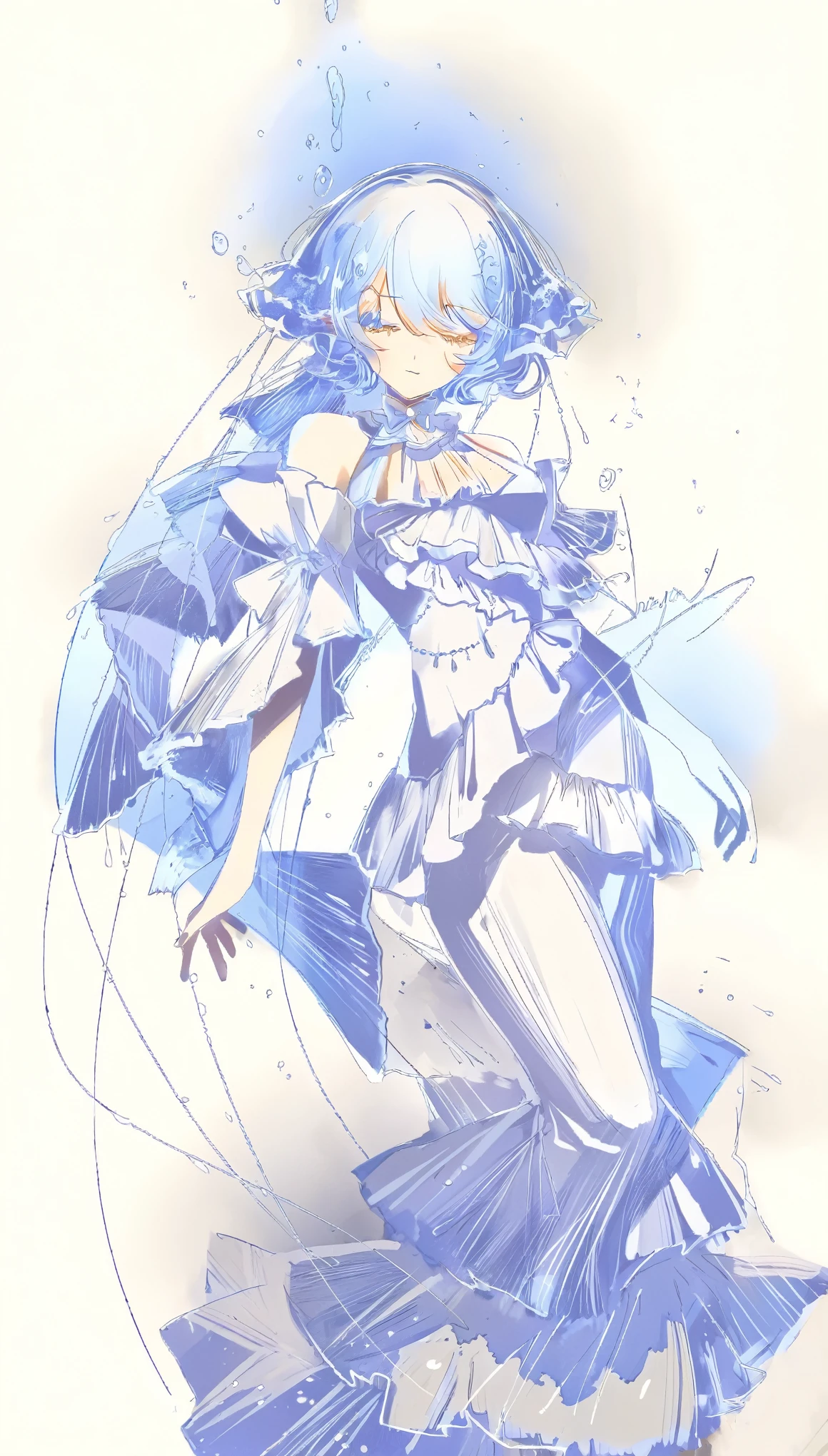 A woman in a skirt、Drawing of a woman walking with an umbrella, By Kama Guka, Shatir from Overlord, Expressing Joy. author:Krenz Kushat, dressed in a frilly ((Ragged)), Ayaka Genshin Impact, Albedo from Overlord, Sickly Complex, Zerochan art,Black and dark blue mixed tone,