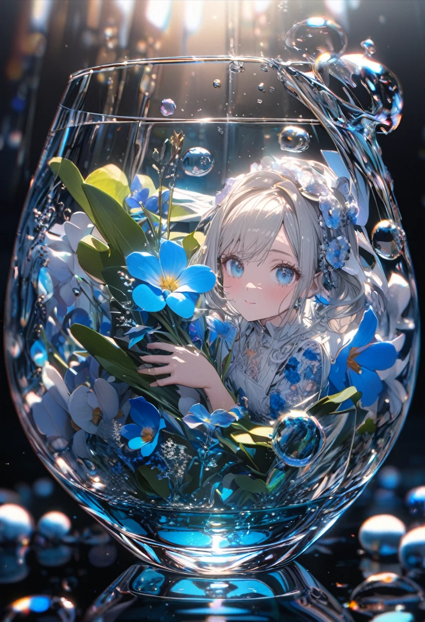 Super detailed, 8K, Angelic, glass, Water in a glass, Glass flowers, bubble, Right blue water, nice, bright