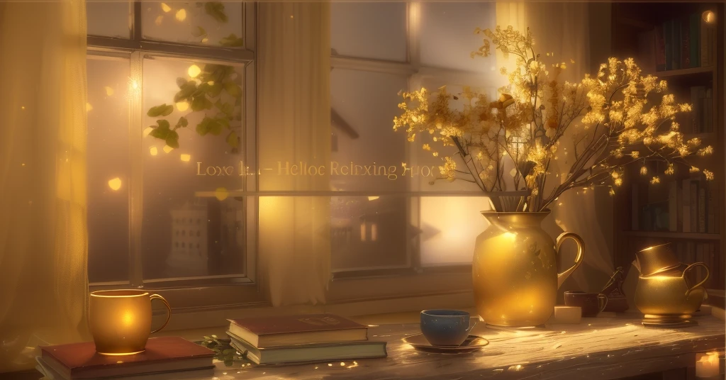 There is a vase, flowers and books on the table., relax atmosphere, relax mood, relax calm vibes, Sublime and cozy atmosphere, relax environment, Unreal Engine ; Romantic Theme, Calm and peaceful atmosphere, Cozy and quiet atmosphere, Quiet and peaceful atmosphere, Peaceful atmosphere, Cozy home background, Designed for comfortable beauty!, relax. Golden Background, relax, Cozy atmosphere