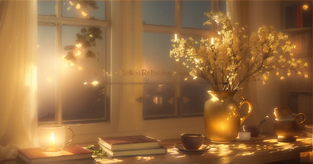 There is a vase, flowers and books on the table., relax atmosphere, relax mood, relax calm vibes, Sublime and cozy atmosphere, relax environment, Unreal Engine ; Romantic Theme, Calm and peaceful atmosphere, Cozy and quiet atmosphere, Quiet and peaceful atmosphere, Peaceful atmosphere, Cozy home background, Designed for comfortable beauty!, relax. Golden Background, relax, Cozy atmosphere