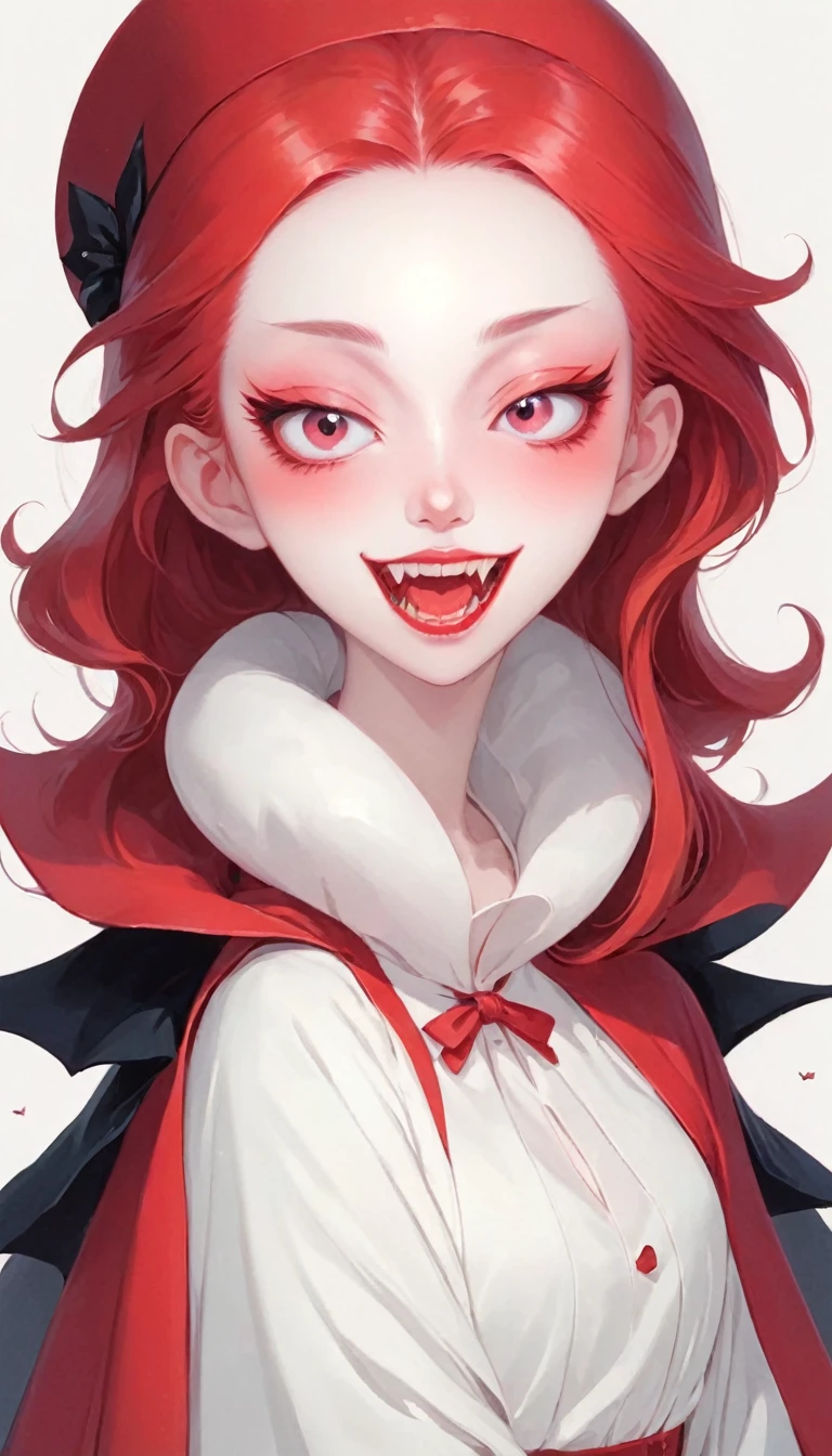 A beautiful vampire girl with fangs in red and white in the style of Hsiao Ron Cheng, cute cartoon character, minimalistic, simple design with a white background and simple colors in pastel tones with soft light and subtle shadows, sharp focus and high resolution.