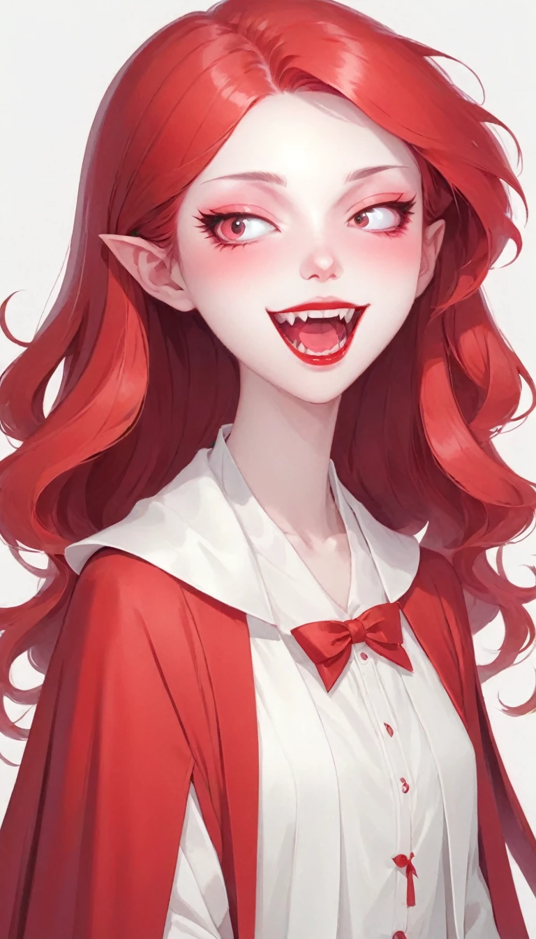 A beautiful vampire girl with fangs in red and white in the style of Hsiao Ron Cheng, cute cartoon character, minimalistic, simple design with a white background and simple colors in pastel tones with soft light and subtle shadows, sharp focus and high resolution.