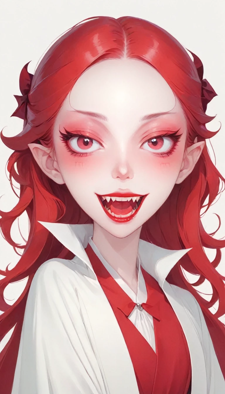 A beautiful vampire girl with fangs in red and white in the style of Hsiao Ron Cheng, cute cartoon character, minimalistic, simple design with a white background and simple colors in pastel tones with soft light and subtle shadows, sharp focus and high resolution.