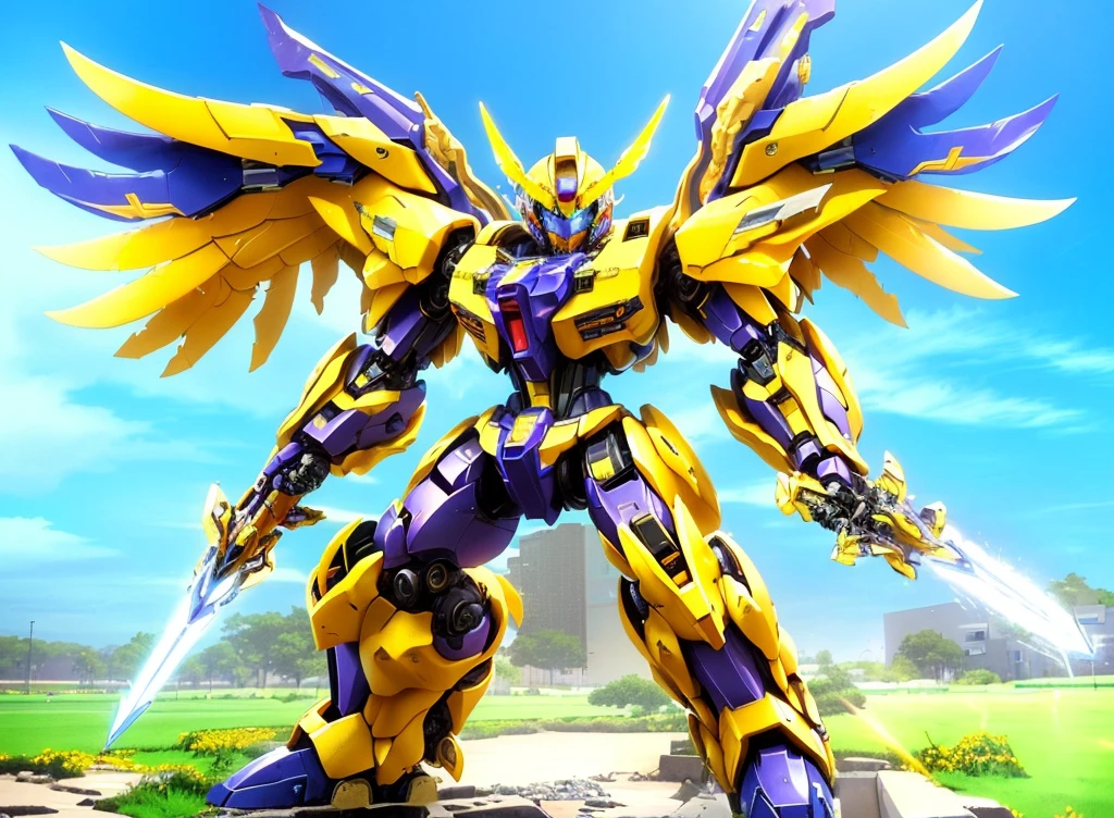a close up of a yellow and purple robot with wings, mecha wings, tremendous mecha robot, super robot wars, mobile suit, armor angle with wing, action figure mecha, an anime large mecha robot, cool mecha style, mecha anime, gundam wing style armor, gundam robot, transformers beast wars, anime robotic mixed with organic, digimon key art
