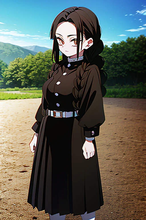 demon slayer anime style,Kotouji Agamaki, 1 girl 22 years old, serious and beautiful with golden eyes and pronounced eyebrows, She has long straight braided hair that is dark and shiny purple with two long strands of hair on the sides of her ears and bangs., wears a long-sleeved hunter uniform with skirt and katana, brown leather boots a black haori with gold floral). Kimetsu no yaiba anime. Background of a landscape of a traditional farm,