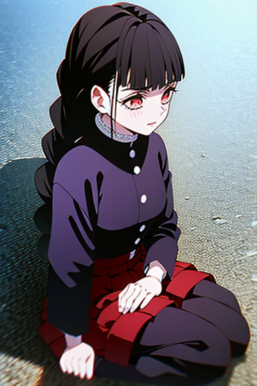 demon slayer anime style,Kotouji Agamaki, 1 girl 22 years old, serious and beautiful with golden eyes and pronounced eyebrows, She has long straight braided hair that is dark and shiny purple with two long strands of hair on the sides of her ears and bangs., wears a long-sleeved hunter uniform with skirt and katana, brown leather boots a black haori with gold floral). Kimetsu no yaiba anime. Background of a landscape of a traditional farm,