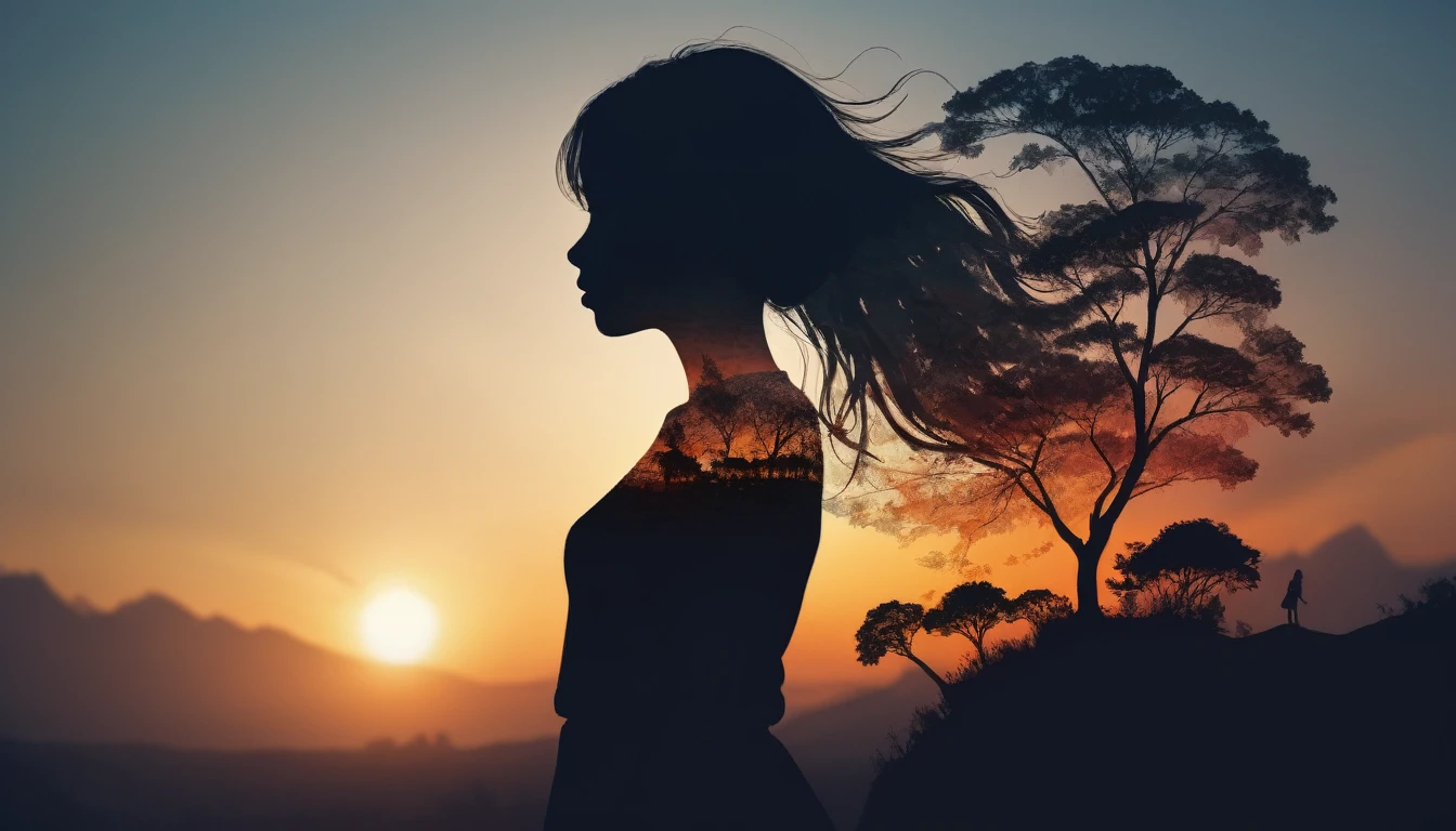 Silhouette Art of 1girl, multiple exposure, sunset, enhance, intricate, (best quality, masterpiece, Representative work, official art, Professional, unity 8k wallpaper:1.3)