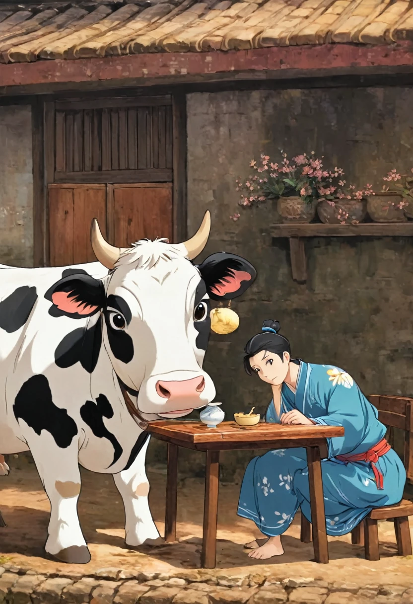 Cartoon illustration of a man sitting at a table with a cow, Anime Movies still, Anime Movies, Inspired by Wu Daozi, Animation Scene, inspired by Ding Guanpeng, inspired by Cao Zhibai, Beautiful images, Chiba Yudai, by Qu Leilei, Cartoon illustration, Inspired by Zhao Yuan