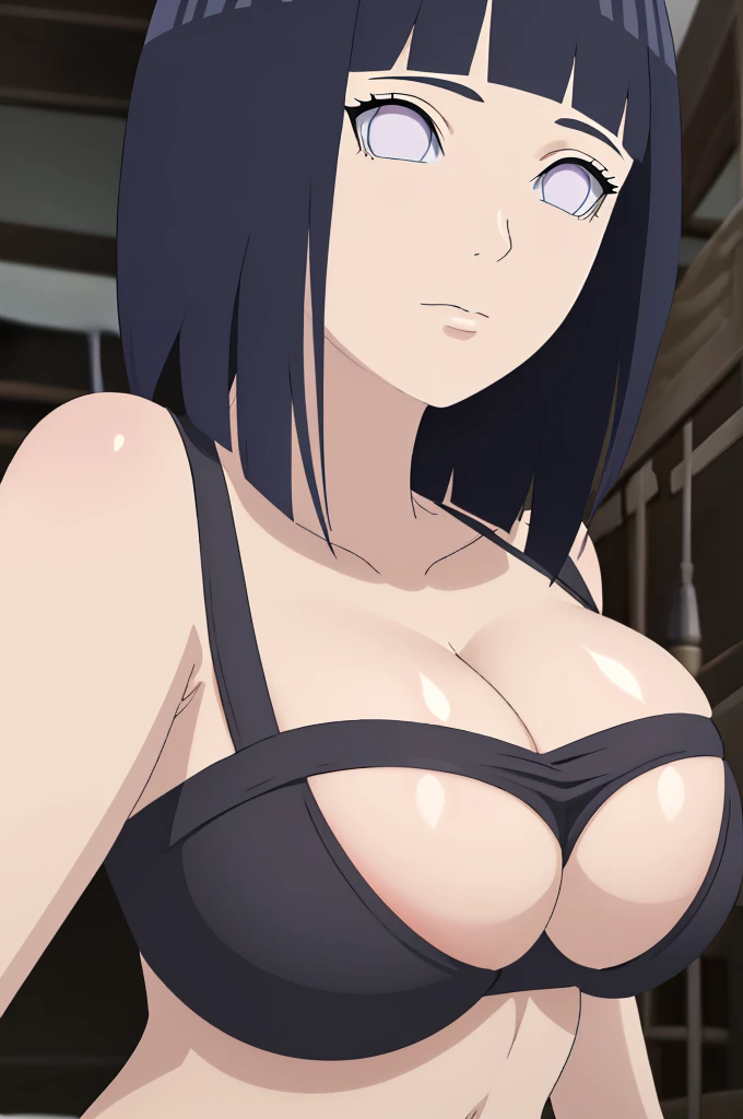 masterpiece, (intricate details), (colorful),cinematic lighting,extremely detailed CG unity 8k wallpaper ,hinata\(boruto\), 1girl,solo, large breasts, (hinata, hyuuga hinata, purple eyes, blunt bangs, black hair) big breasts, perfect breasts, large breasts, round breasts, huge breasts, black bra, bikini top, cleavage, bare shoulders, collarbone, underboob, close shot, portrait, upper body shot, headshot, white backdrop, perfect eyes, glowing eyes, beautiful eyes, black background, simple background, no background ,