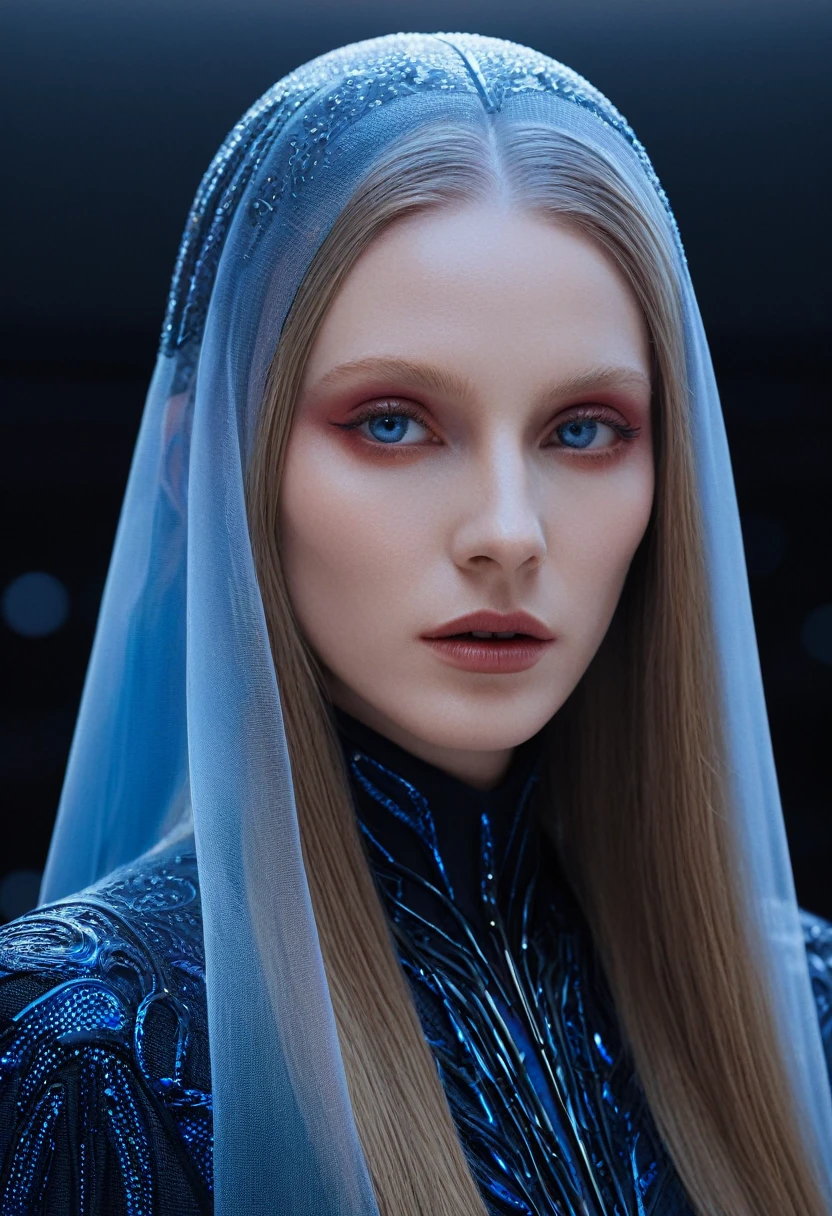Fashionable portrait of androgynous alien looking witch wearing veil, pale skin, long dark blond hair, glowing eyes, futuristic design, minimal details, givenchy, photoreal, 200mm, hd, f/ 2.0, highly detailed, surreal , drop dead, in the style of red and blue, (intricate details, hyperdetailed:1.15) (skin texture:1.2), cinematic, professional, 4k, dynamic model pose,