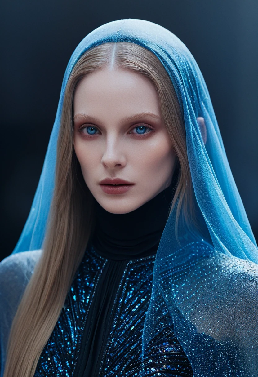 Fashionable portrait of androgynous alien looking witch wearing veil, pale skin, long dark blond hair, glowing eyes, futuristic design, minimal details, givenchy, photoreal, 200mm, hd, f/ 2.0, highly detailed, surreal , drop dead, in the style of red and blue, (intricate details, hyperdetailed:1.15) (skin texture:1.2), cinematic, professional, 4k, dynamic model pose,