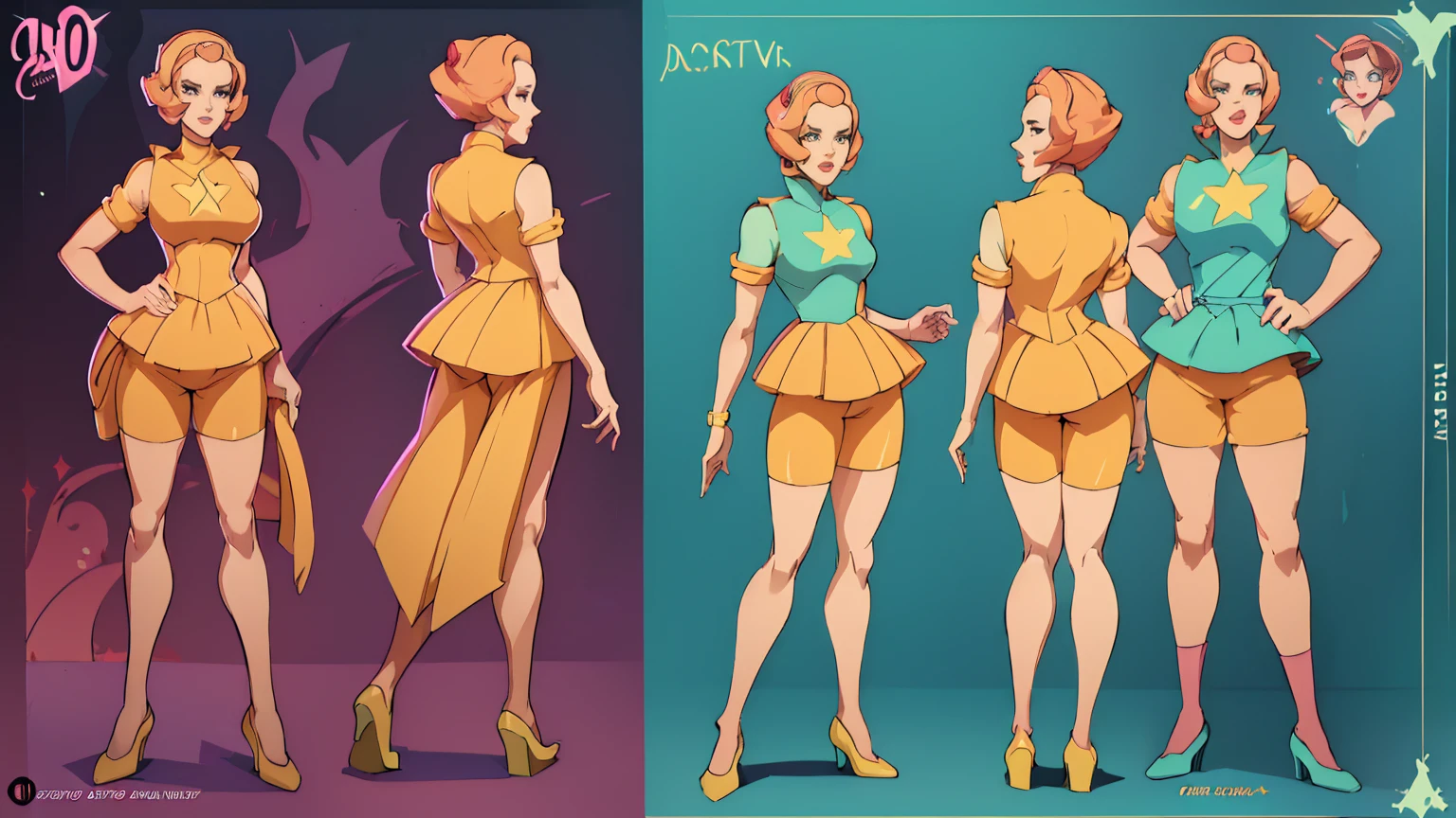  ((masterpiece,best quality)),((character design sheet)),((full body view)),Young girl, 40s fashion appearance, in style of digital illustration, pinup art, deviantart artstation cgscosiety, stunning digital illustration, soda themed girl, beautiful retro art, jen bartel, matte digital illustration, glossy digital painting,