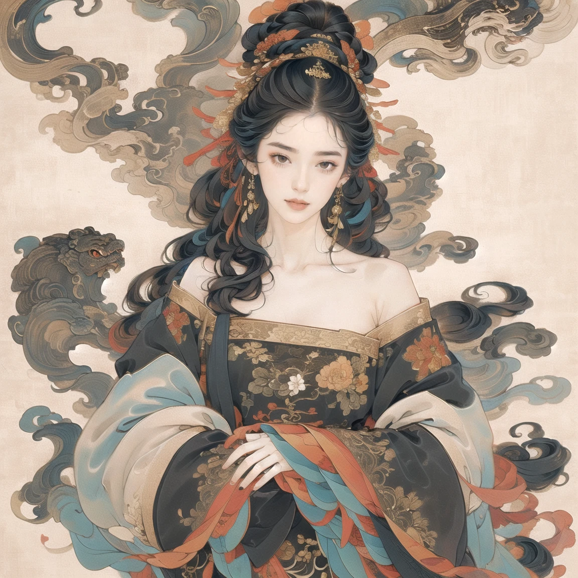 guofeng,Illustrated,black eyes,long hair,multiple colors,high definition,Rich in intricate details,8K,illustration,crazy colors,off shoulder, 1girl,chinese